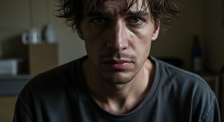 Troubled young man with dark hair stares intensely into the camera, conveying a sense of deep worry and inner turmoil.