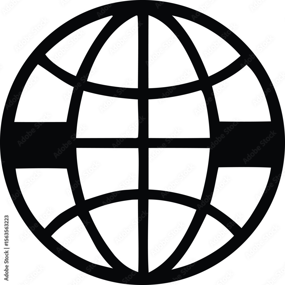 Poster a stark black stylized globe icon with intersecting lines representing meridians and parallels on a 