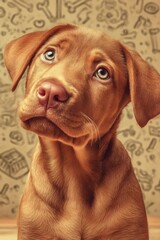Charming brown Labrador puppy with expressive blue eyes sits in front of a playful, patterned backdrop. Curious expression highlights its youthful innocence, adding to the overall appeal of the image.