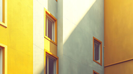Fototapeta premium Yellow-orange toned building with sunlight and windows 