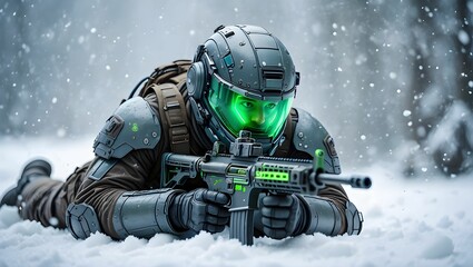 Futuristic soldier in advanced armor and helmet with glowing green visor aims a rifle in a snowy environment