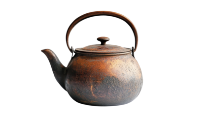 Captivating vintage teapot exuding rustic charm, perfect for serving warm brews during cozy gatherings in a sunlit kitchen setting on transparent background