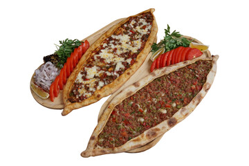 Traditional Turkish Pides with Minced Meat and Cubed Meat & Cheese – Isolated on White Background