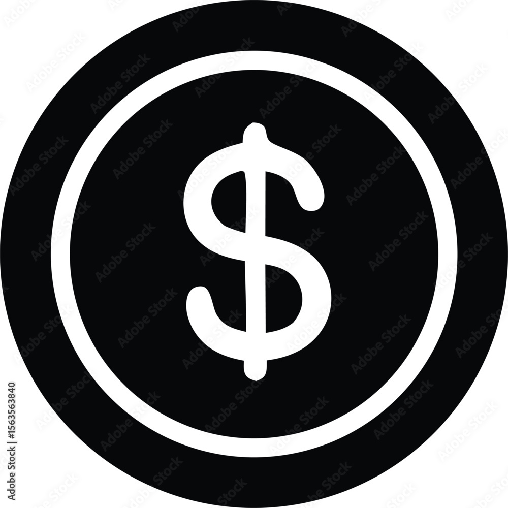 Poster a simple black and white icon featuring a stylized dollar sign centered within a circular border rep