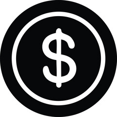 A simple black and white icon featuring a stylized dollar sign centered within a circular border representing currency and finance