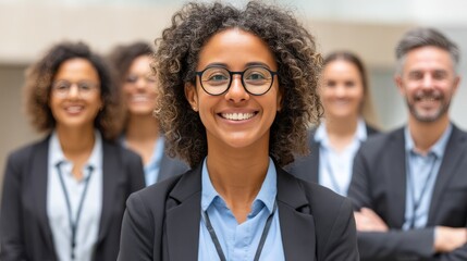 Obraz premium A confident woman with curly hair and glasses leading a diverse group of professionals in a business setting