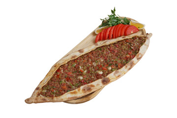 Traditional Turkish Pide with Cubed Meat – Isolated Flatbread on White Background