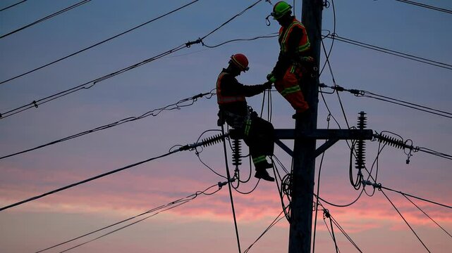 Skilled utility workers conduct evening power line repairs against vibrant sunset backdrop