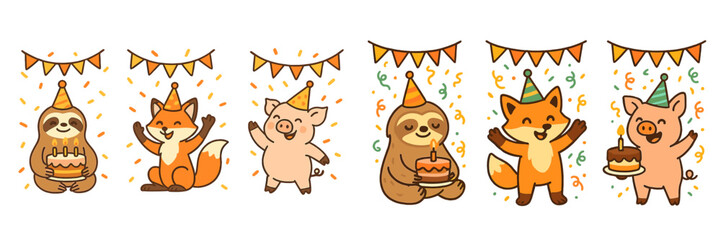 Cartoon animals celebrating a birthday party with hats, cakes, and festive decorations