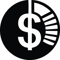 Stylized dollar sign incorporated into a circular graphic with radiating segments representing financial growth and progress