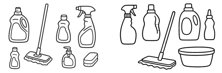 Cleaning supplies and tools arranged for an organized and efficient cleaning task in a home kitchen setting