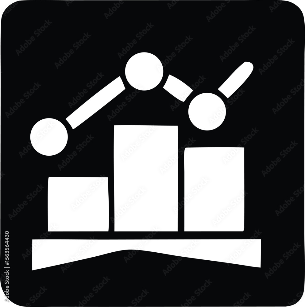 Poster a simple white line graph with circles connecting data points over a series of white bars on a black