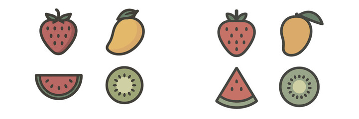 Colorful fruit icons featuring strawberries, mangoes, kiwis, and watermelon arranged in a playful layout