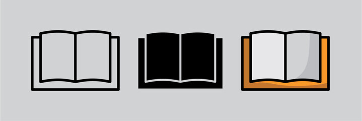 Set of Open Book Icons in Outline, Solid, and Colored Styles for Reading, Education, and Digital Content Interfaces