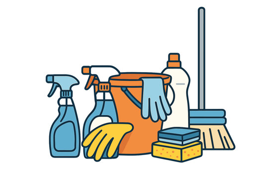 Collection of cleaning supplies arranged on a flat surface for household chores in a vibrant setting