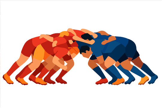 Rugby players engaging in a scrum during an intense match on a sunny day