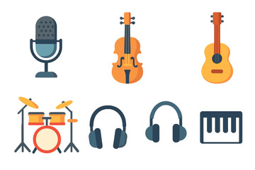 Colorful musical instruments and audio equipment arranged in a creative layout for a vibrant music theme