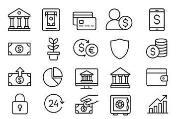 Financial icons representing banking, transactions, and investments in a monochrome design