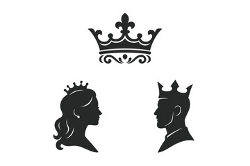 Silhouettes of a queen and king with a crown above, representing royalty and elegance in a regal design