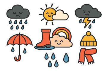 Weather icons depicting various conditions such as rain, sunshine, and storms in a colorful illustration