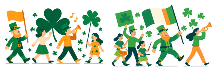 Celebrating a vibrant parade with festive people and shamrocks during a cultural festival in the heart of a city
