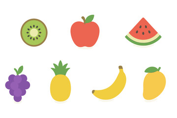 Colorful assortment of fruit illustrations featuring various tropical and temperate varieties on a white background