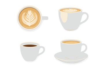 Different styles of coffee in plain white cups showcasing latte art and various roasts in a bright and minimalist setting