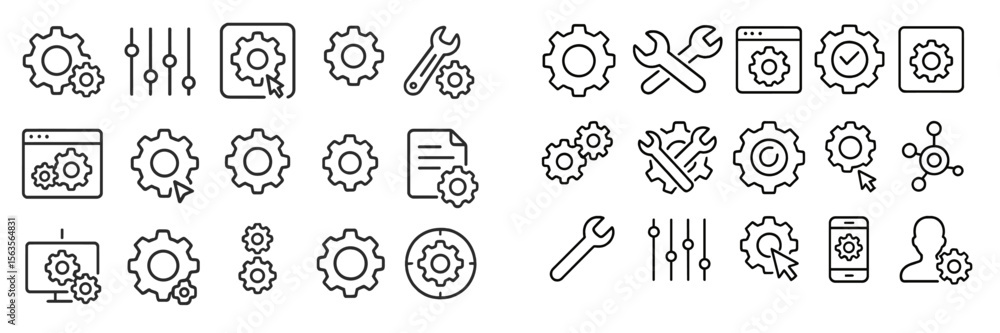 Poster collection of line icons showcasing gears and tools used for technology, engineering, and software a