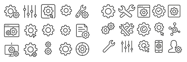 Collection of line icons showcasing gears and tools used for technology, engineering, and software applications in various settings
