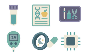 Health and wellness icons showcasing medical research, technology, and nutrition in a modern design