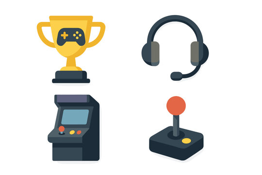 Gaming accessories and trophies displayed on a white background during a gaming competition preparation