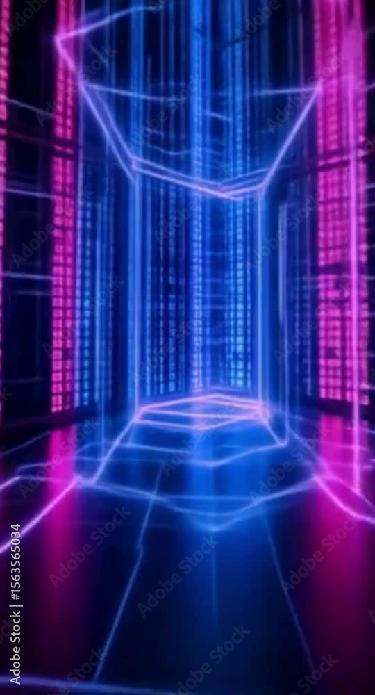 Poster abstract digital room with binary code and neon lights for virtual reality