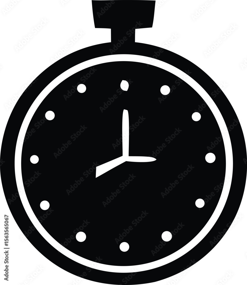 Poster simple black and white icon of a stopwatch with hands indicating a specific time on a white backgrou