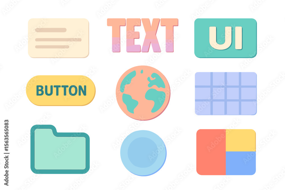 Poster colorful digital icons representing user interface elements designed for web and app development