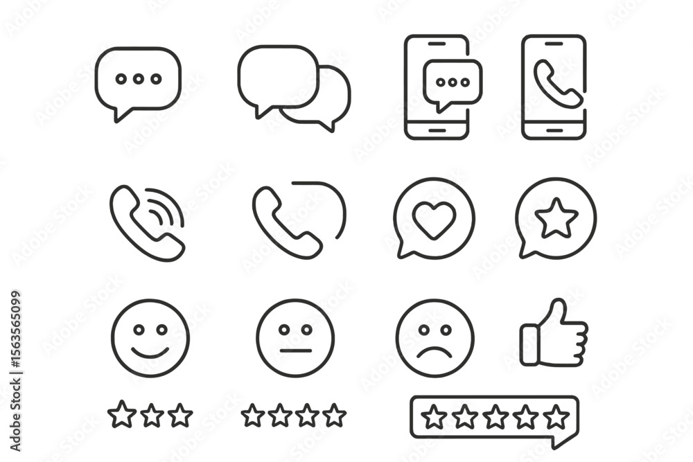 Poster collection of communication icons depicting chat, call, and feedback in a simple line design for dig