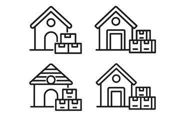 Fototapeta premium Set of icons depicting homes with boxes, representing storage, moving, and logistics solutions in various home types and designs