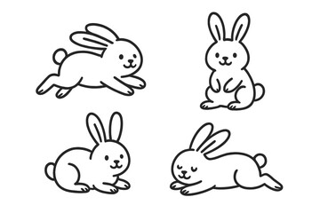 Cute rabbits in various playful poses captured in a simple illustration showcasing their charm and personality