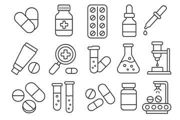 Collection of medicine and lab equipment illustrations depicting various pharmaceuticals and healthcare tools