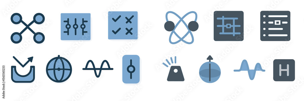 Poster collection of various geometric and digital icons displayed in a grid pattern, illustrating technolo