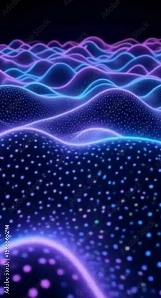 Poster abstract glowing waves with neon lights and colorful dots on a dark background