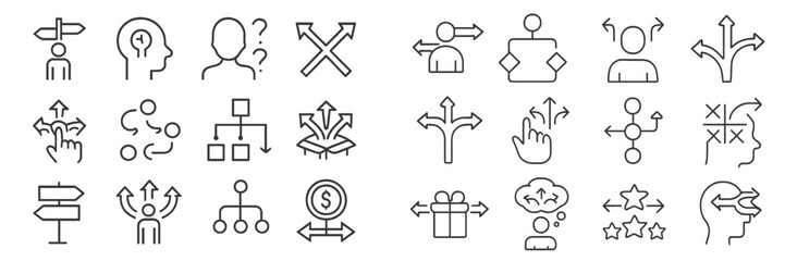 Illustrations of decision-making symbols and icons representing various directional choices