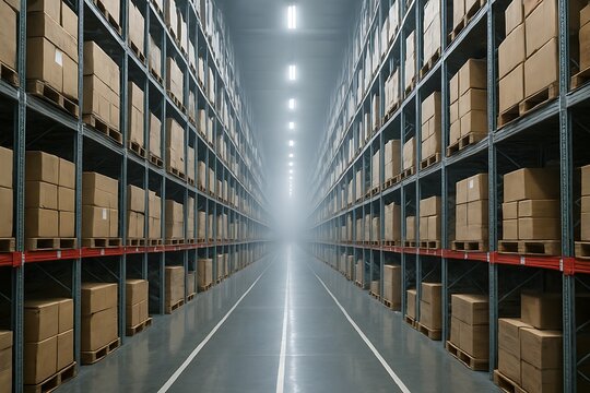 Warehouse interior with long aisles of stacked boxes and lighting, highlighting storage solutions and inventory management, warehouse industry background