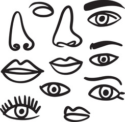 Abstract Line Art Face Elements Vector Set with Minimalist Eyes, Lips, Nose, and Eyebrows