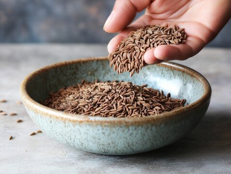 Hand holding cumin seeds, letting them fall into a bowl