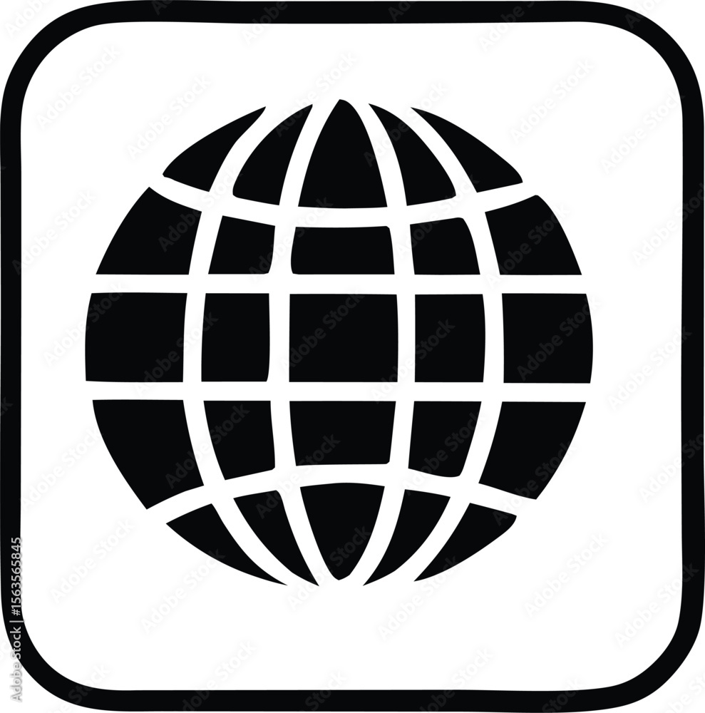 Poster simple black and white icon representing a stylized globe with a grid pattern inside a rounded squar