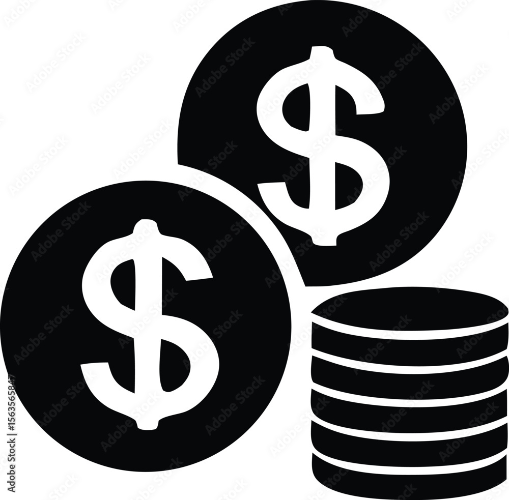 Poster simple black and white icon representing multiple dollar coins and a stack of coins symbolizing weal