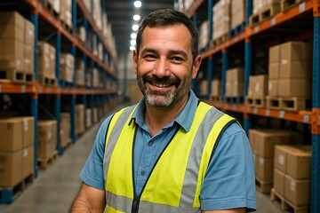 Warehouse worker smiling confidently in industrial storage space, wearing safety vest and uniform, friendly professional in warehouse environment, warehouse industry background