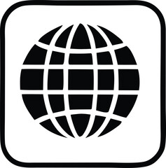 Simple black and white icon representing a stylized globe with a grid pattern inside a rounded square border