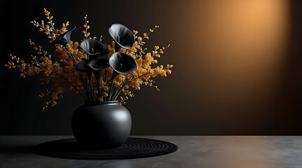 Elegant black and gold floral still life images with luxury vases, rich lighting, and clean negative space—perfect for premium branding and design, mockup for workspace concept