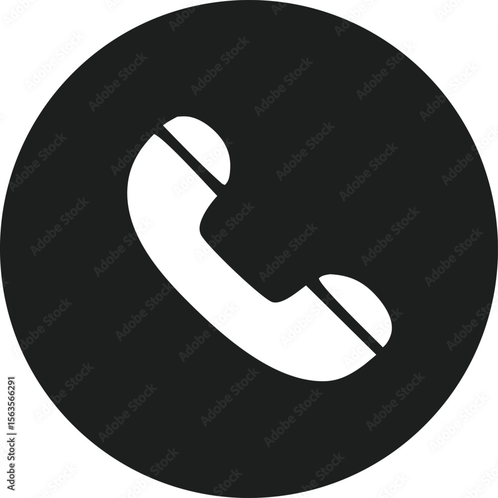 Poster simple white telephone handset icon centered within a solid black circular background representing c
